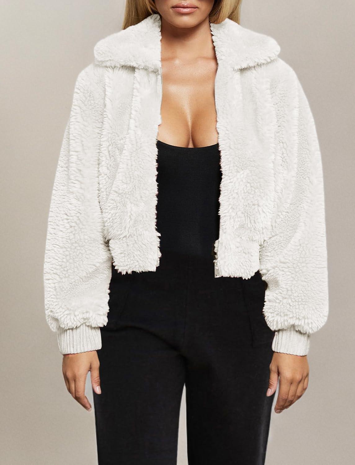 imageFANCYINN Womens Teddy Cropped Faux Fur Jacket Furry Lapel Coat Zip Up with Pockets Warm WinterWhite
