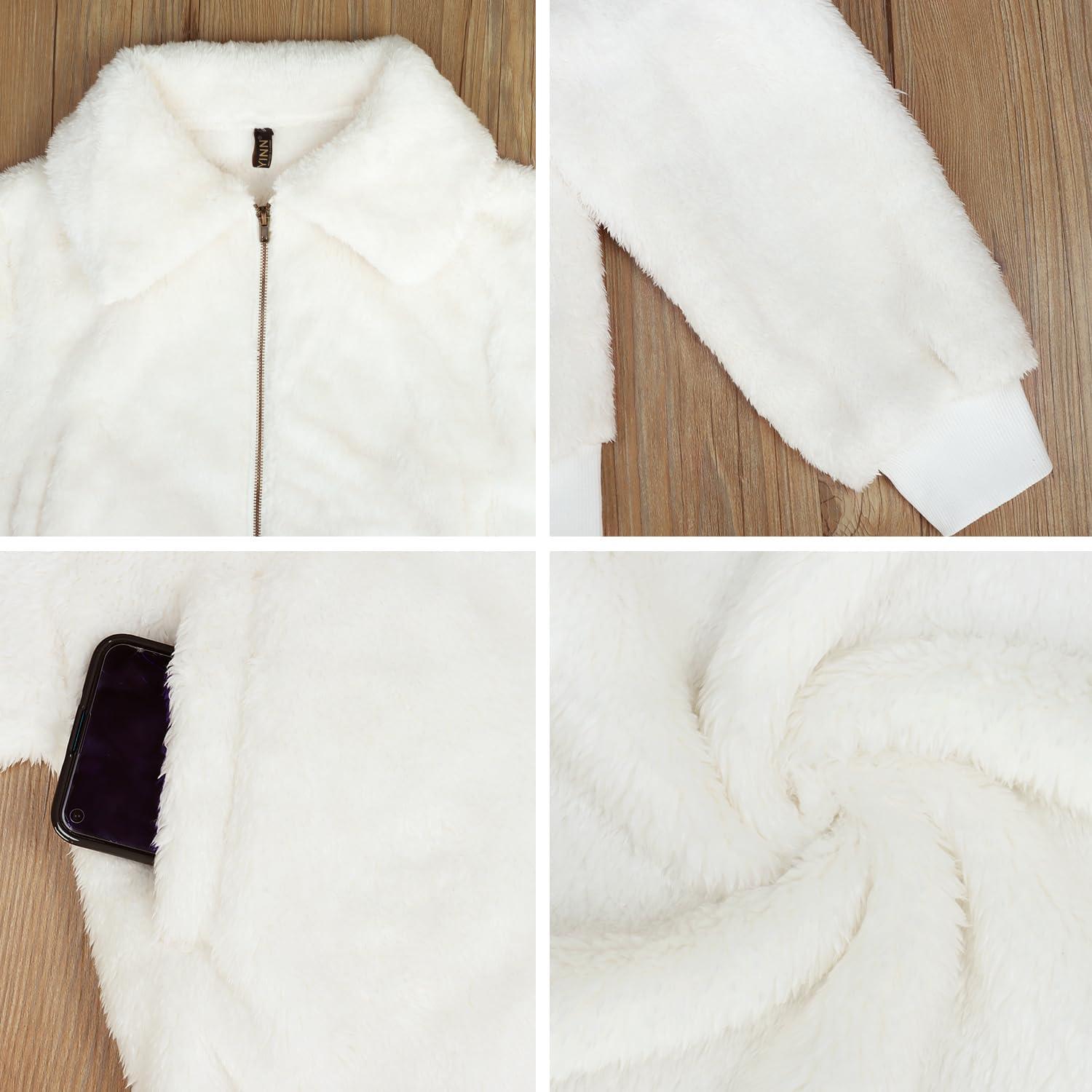 imageFANCYINN Womens Teddy Cropped Faux Fur Jacket Furry Lapel Coat Zip Up with Pockets Warm WinterWhite