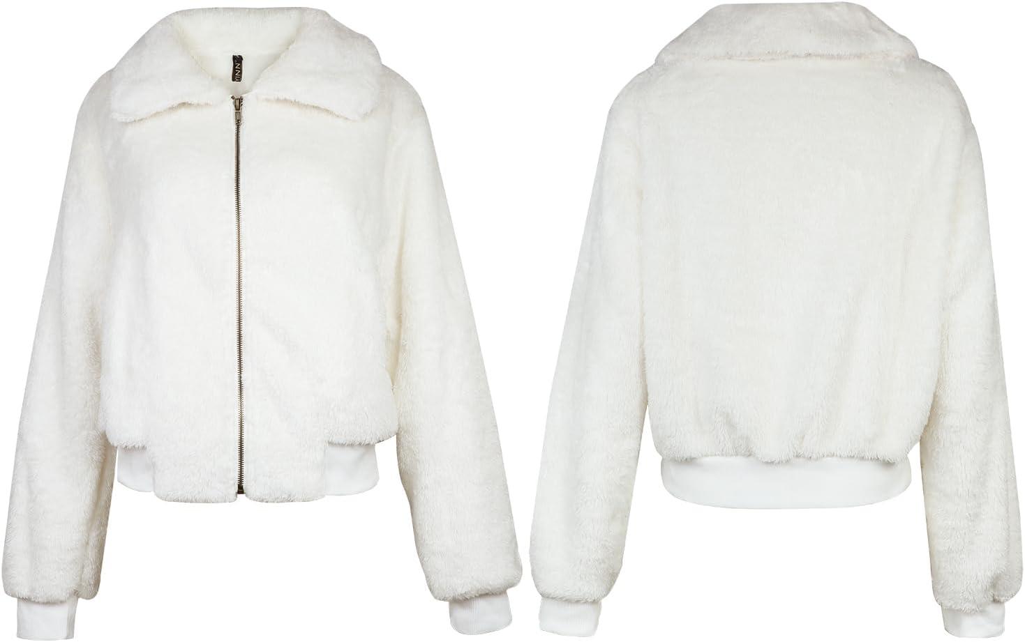 imageFANCYINN Womens Teddy Cropped Faux Fur Jacket Furry Lapel Coat Zip Up with Pockets Warm WinterWhite
