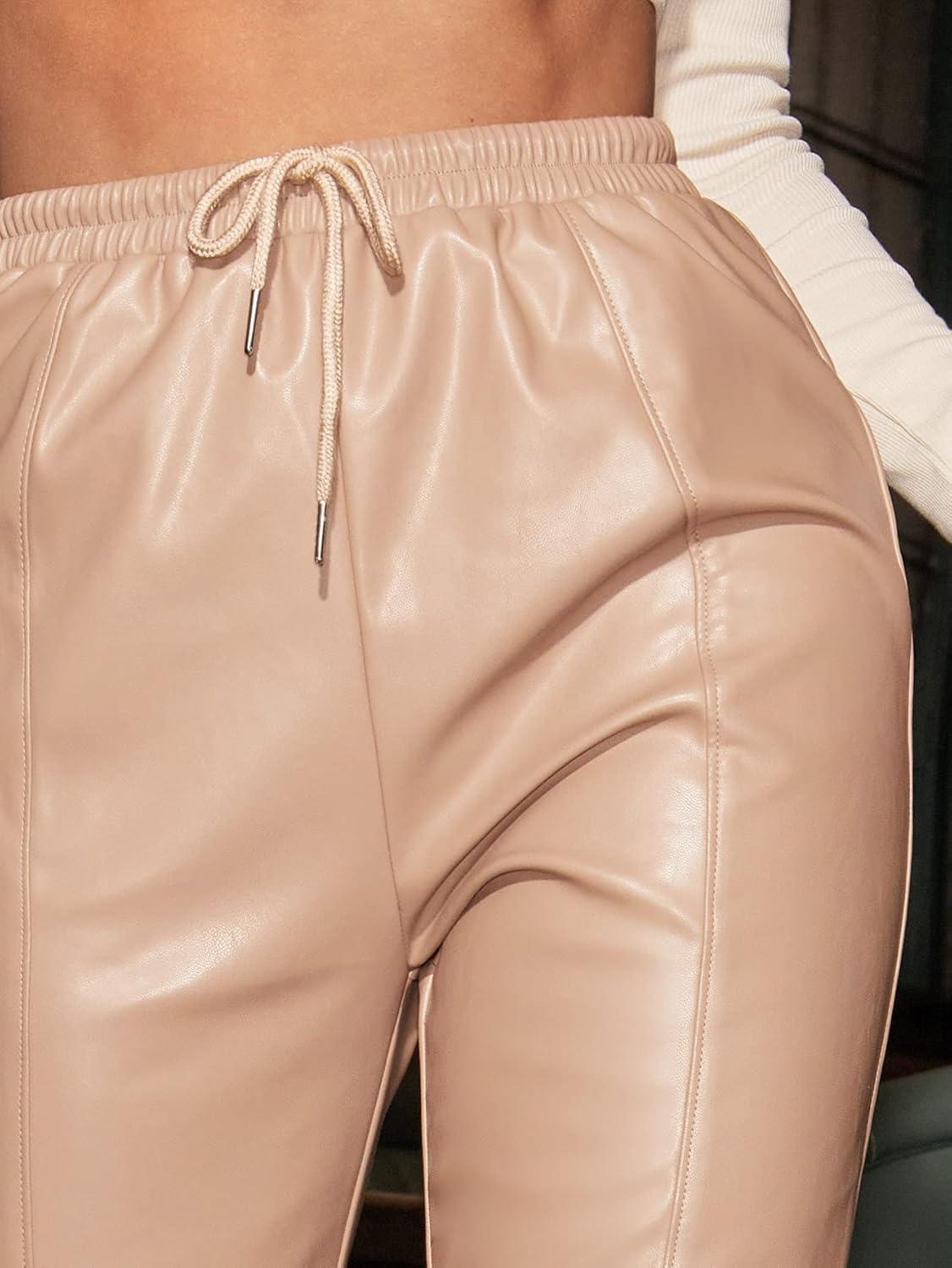 imageFloerns Womens Drawstring High Waisted Cropped Tapered Pu Leather PantsApricot