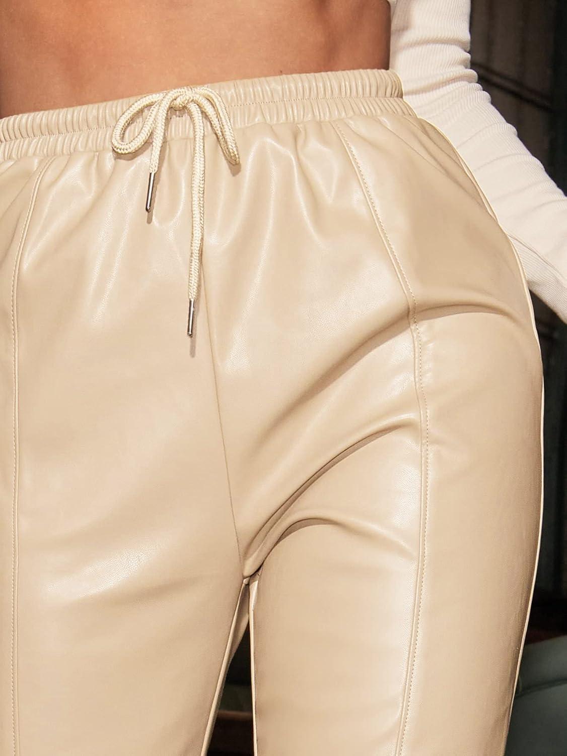 imageFloerns Womens Drawstring High Waisted Cropped Tapered Pu Leather PantsBeige