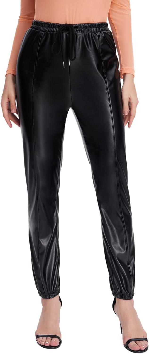 imageFloerns Womens Drawstring High Waisted Cropped Tapered Pu Leather PantsBlack Solid