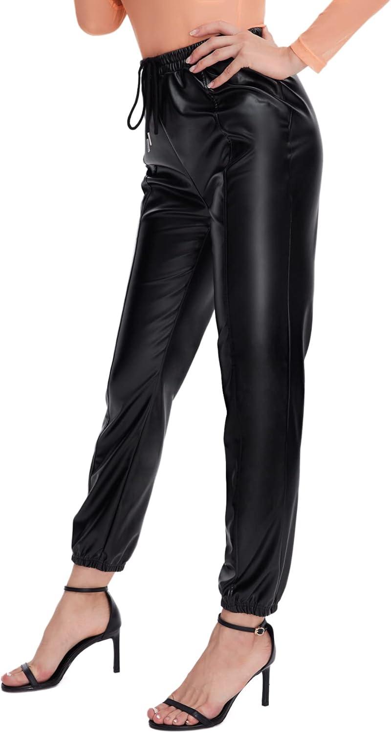 imageFloerns Womens Drawstring High Waisted Cropped Tapered Pu Leather PantsBlack Solid