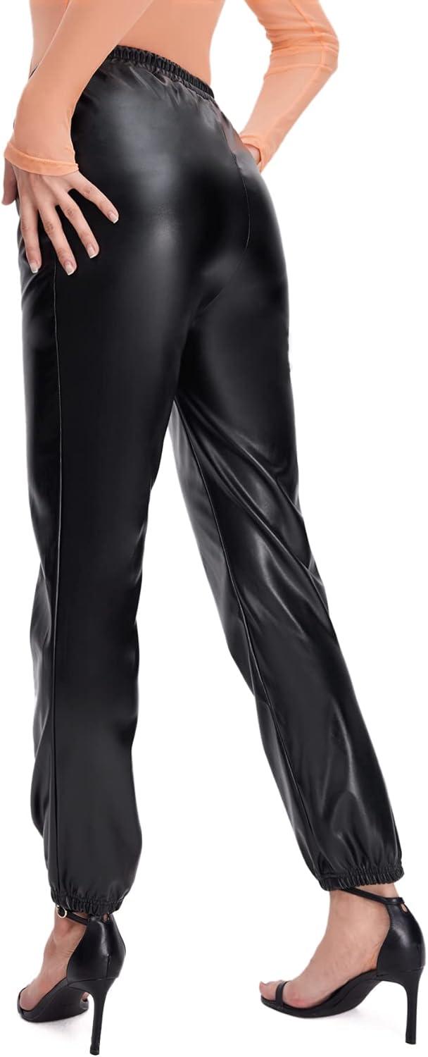 imageFloerns Womens Drawstring High Waisted Cropped Tapered Pu Leather PantsBlack Solid