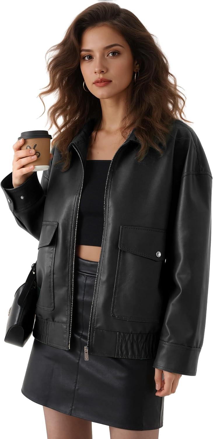 imageOversize Leather Jacket Women Faux Motorcycle Coats Bomber with Double Pockets2025 FallWinter Fashion OutwearBlack