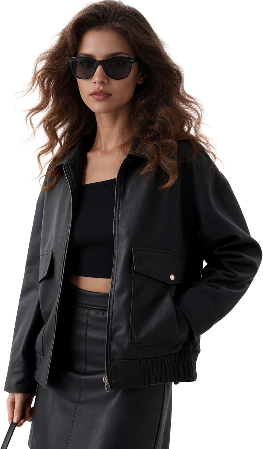 imageOversize Leather Jacket Women Faux Motorcycle Coats Bomber with Double Pockets2025 FallWinter Fashion OutwearBlack