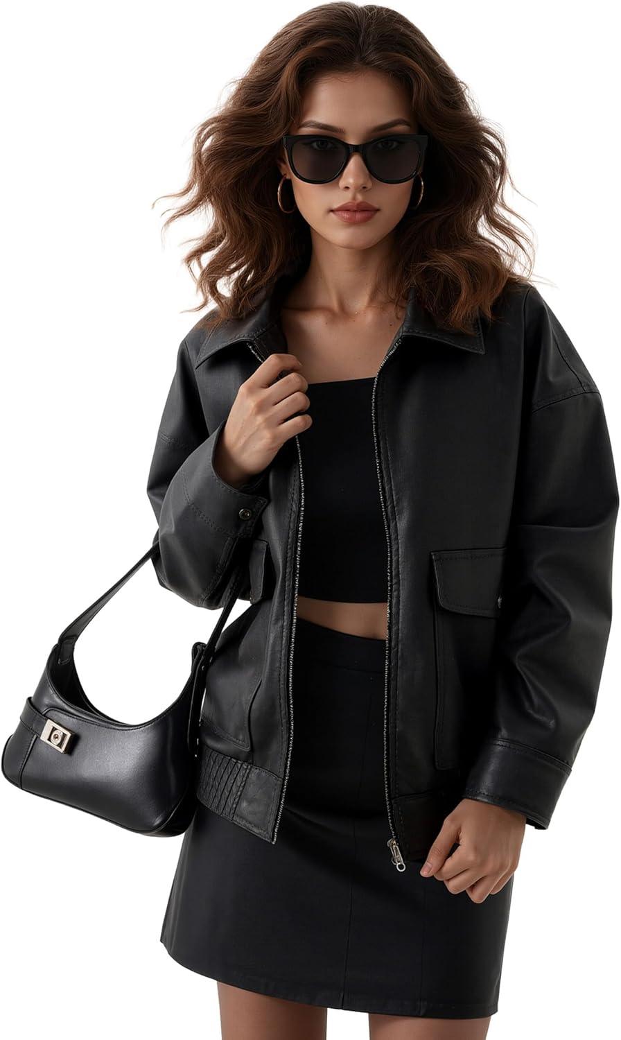 imageOversize Leather Jacket Women Faux Motorcycle Coats Bomber with Double Pockets2025 FallWinter Fashion OutwearBlack