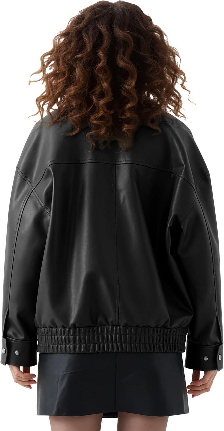 imageOversize Leather Jacket Women Faux Motorcycle Coats Bomber with Double Pockets2025 FallWinter Fashion OutwearBlack