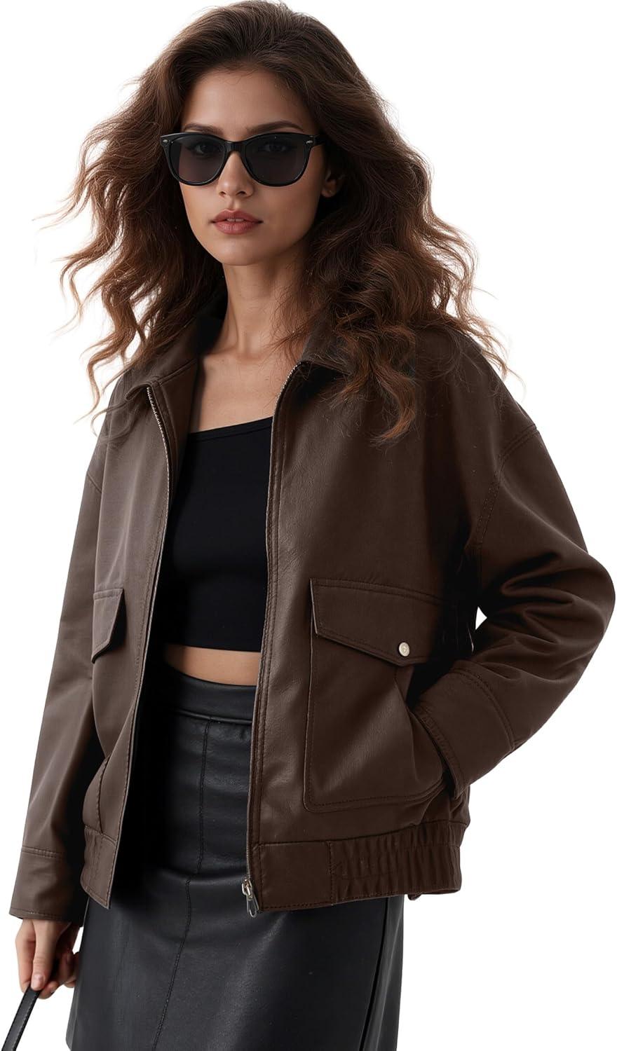 imageOversize Leather Jacket Women Faux Motorcycle Coats Bomber with Double Pockets2025 FallWinter Fashion OutwearBrown