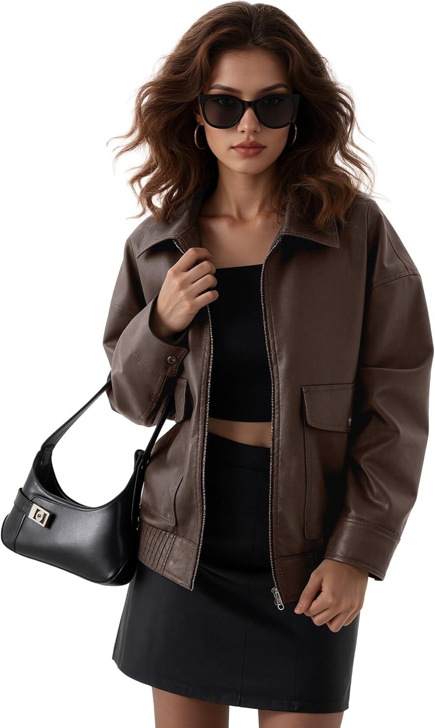 imageOversize Leather Jacket Women Faux Motorcycle Coats Bomber with Double Pockets2025 FallWinter Fashion OutwearBrown