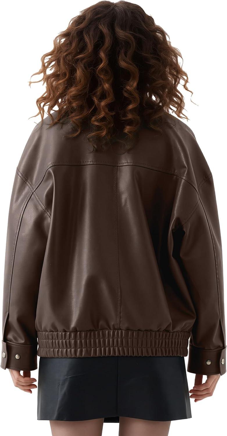 imageOversize Leather Jacket Women Faux Motorcycle Coats Bomber with Double Pockets2025 FallWinter Fashion OutwearBrown
