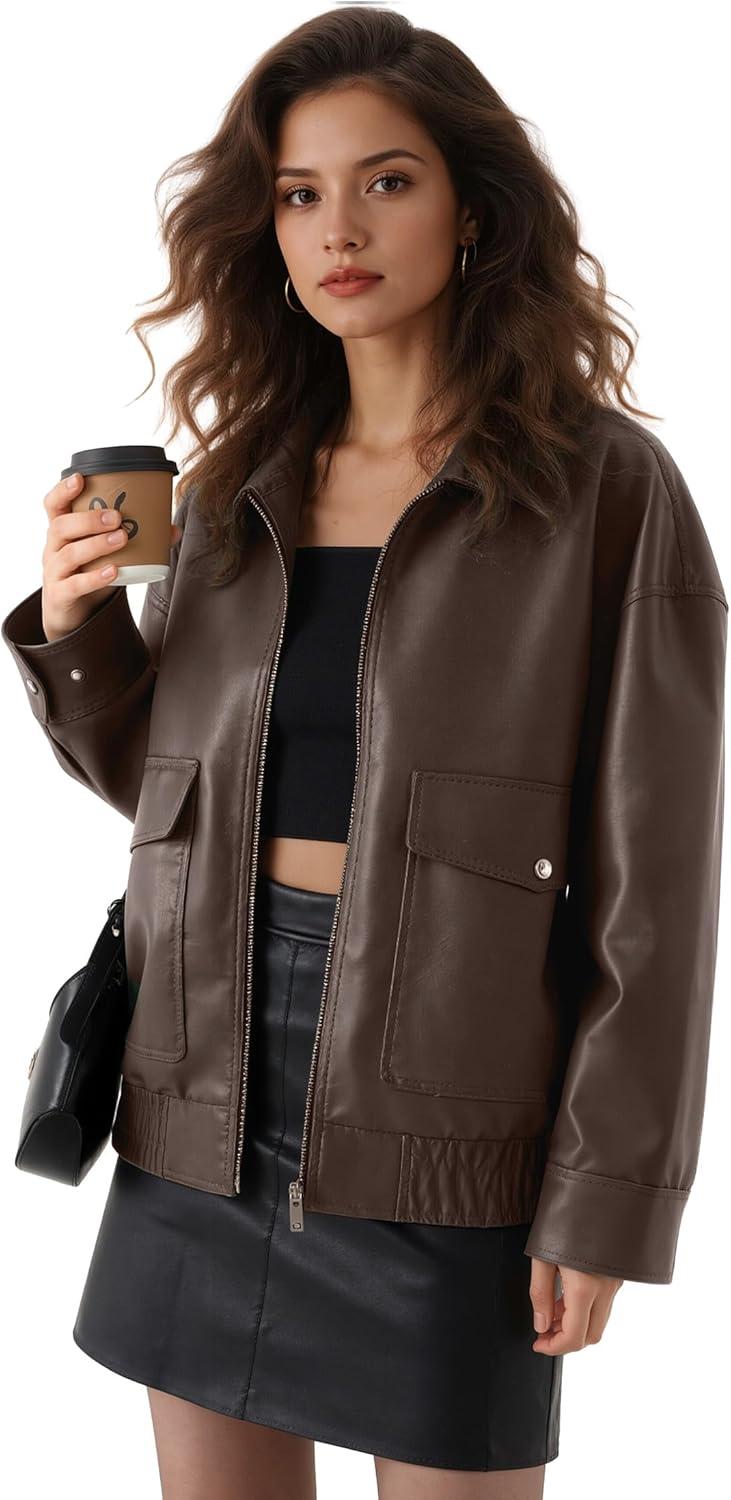 imageOversize Leather Jacket Women Faux Motorcycle Coats Bomber with Double Pockets2025 FallWinter Fashion OutwearBrown