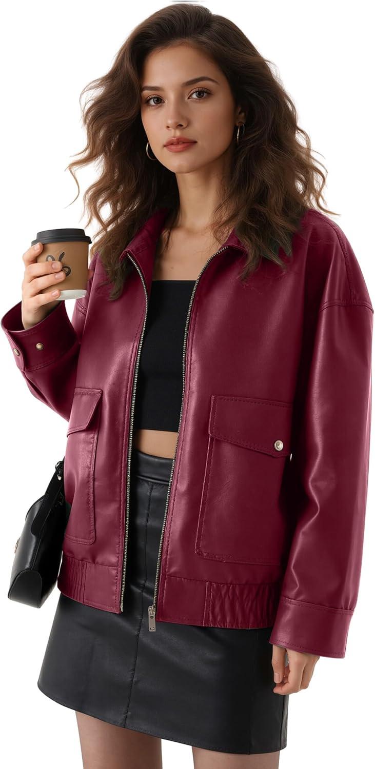 imageOversize Leather Jacket Women Faux Motorcycle Coats Bomber with Double Pockets2025 FallWinter Fashion OutwearBurgundy