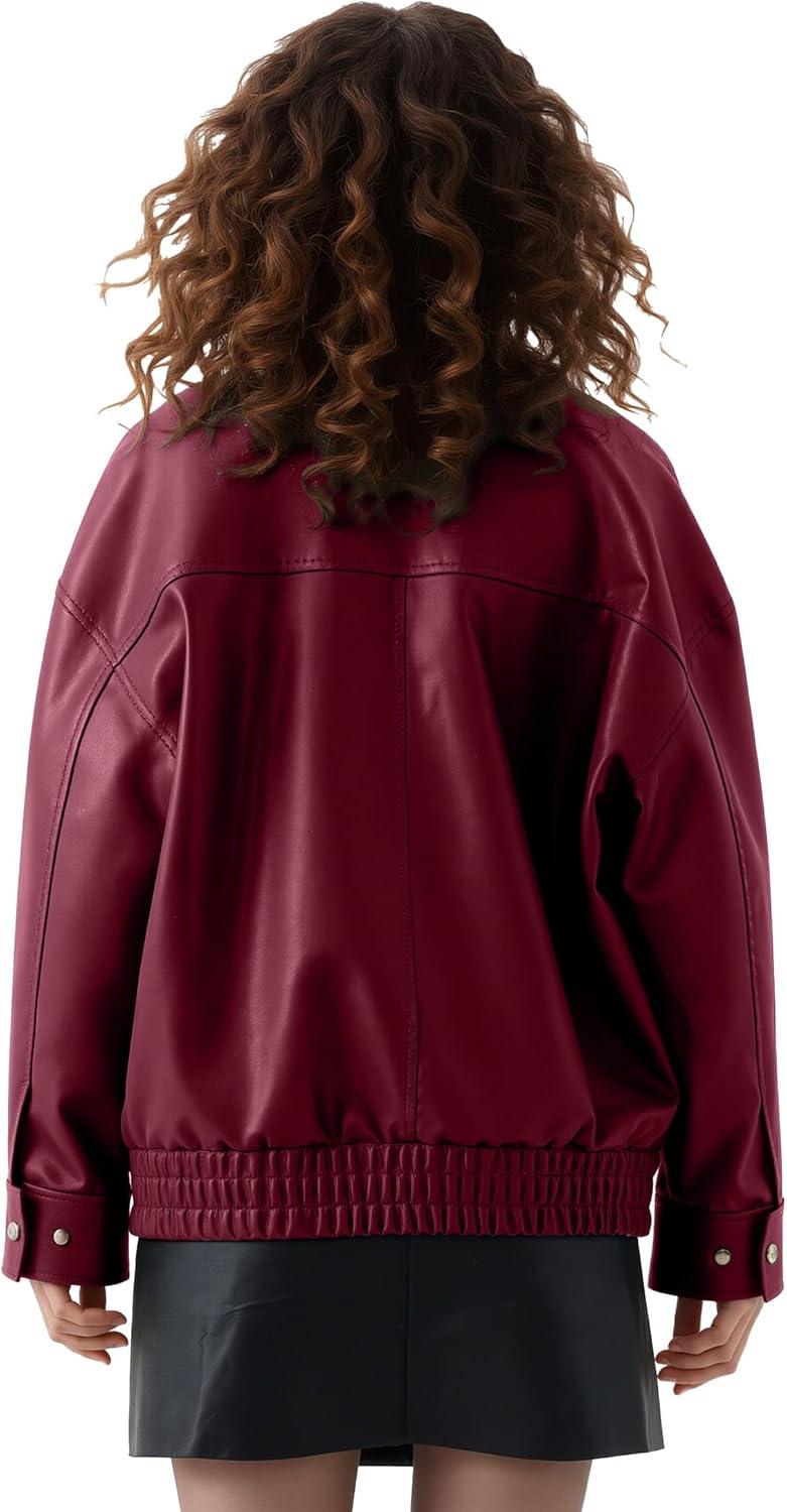 imageOversize Leather Jacket Women Faux Motorcycle Coats Bomber with Double Pockets2025 FallWinter Fashion OutwearBurgundy