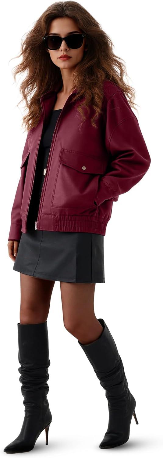 imageOversize Leather Jacket Women Faux Motorcycle Coats Bomber with Double Pockets2025 FallWinter Fashion OutwearBurgundy