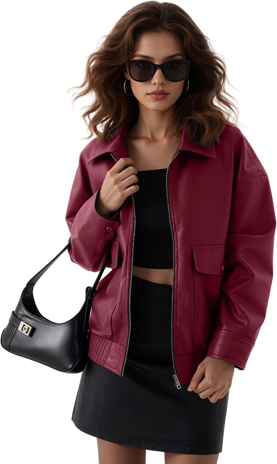 imageOversize Leather Jacket Women Faux Motorcycle Coats Bomber with Double Pockets2025 FallWinter Fashion OutwearBurgundy
