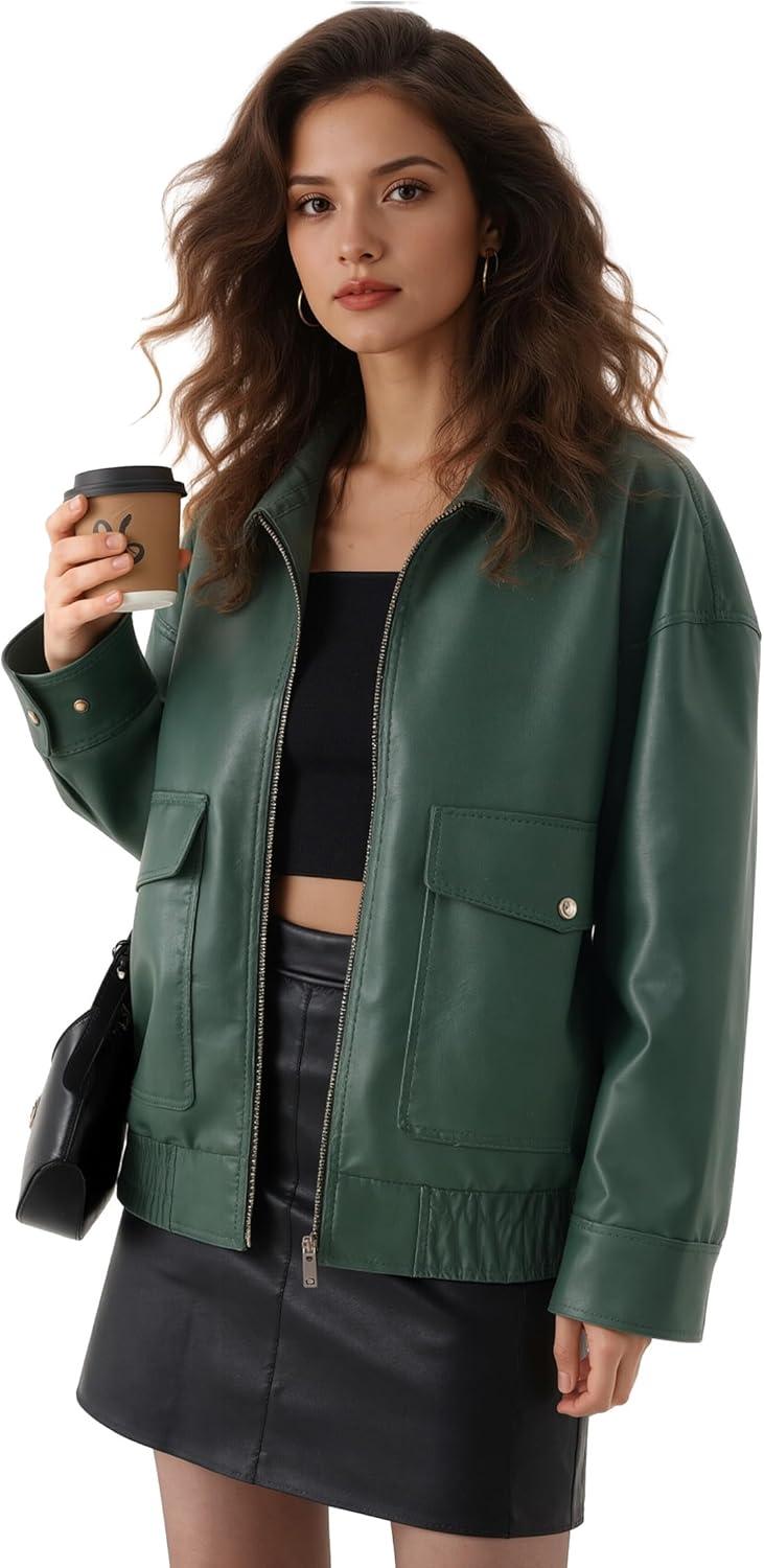 imageOversize Leather Jacket Women Faux Motorcycle Coats Bomber with Double Pockets2025 FallWinter Fashion OutwearGreen