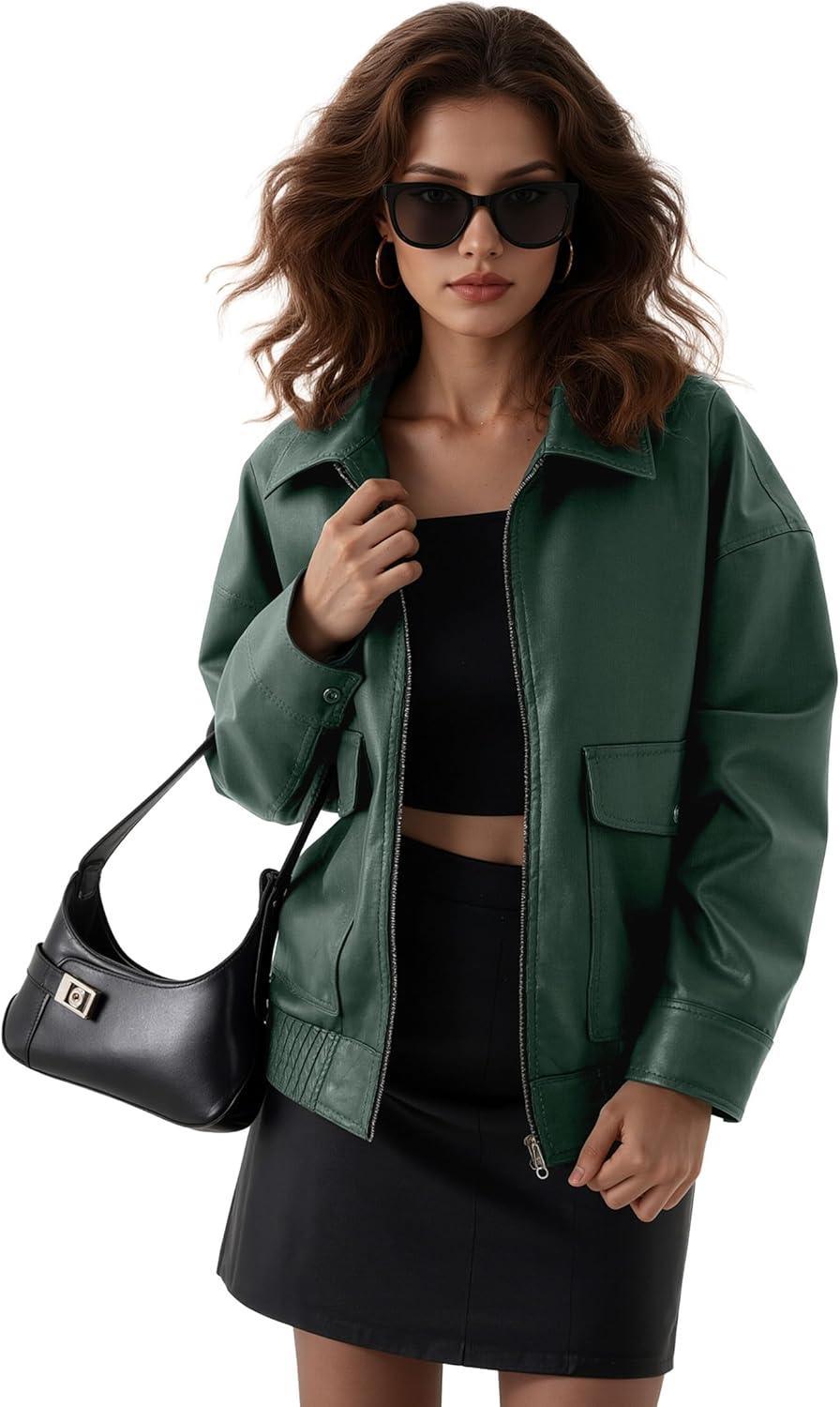 imageOversize Leather Jacket Women Faux Motorcycle Coats Bomber with Double Pockets2025 FallWinter Fashion OutwearGreen