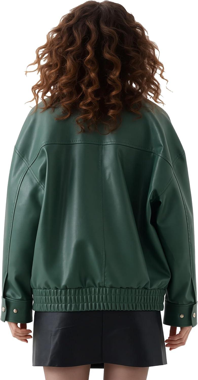 imageOversize Leather Jacket Women Faux Motorcycle Coats Bomber with Double Pockets2025 FallWinter Fashion OutwearGreen
