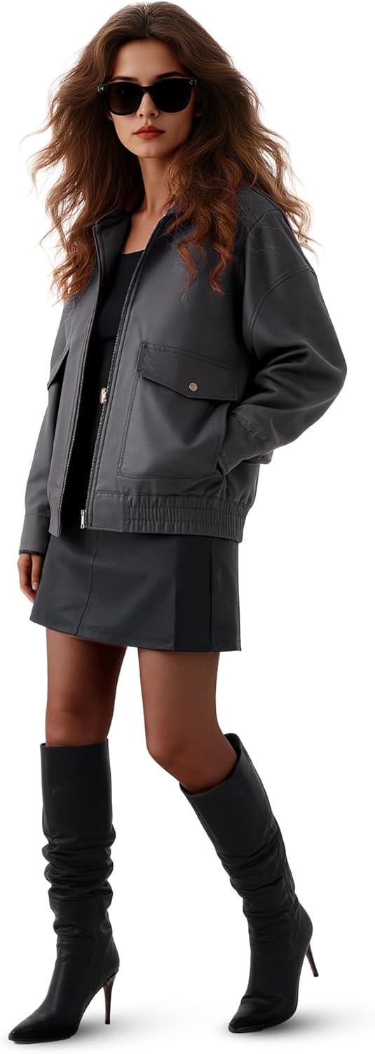imageOversize Leather Jacket Women Faux Motorcycle Coats Bomber with Double Pockets2025 FallWinter Fashion OutwearGrey