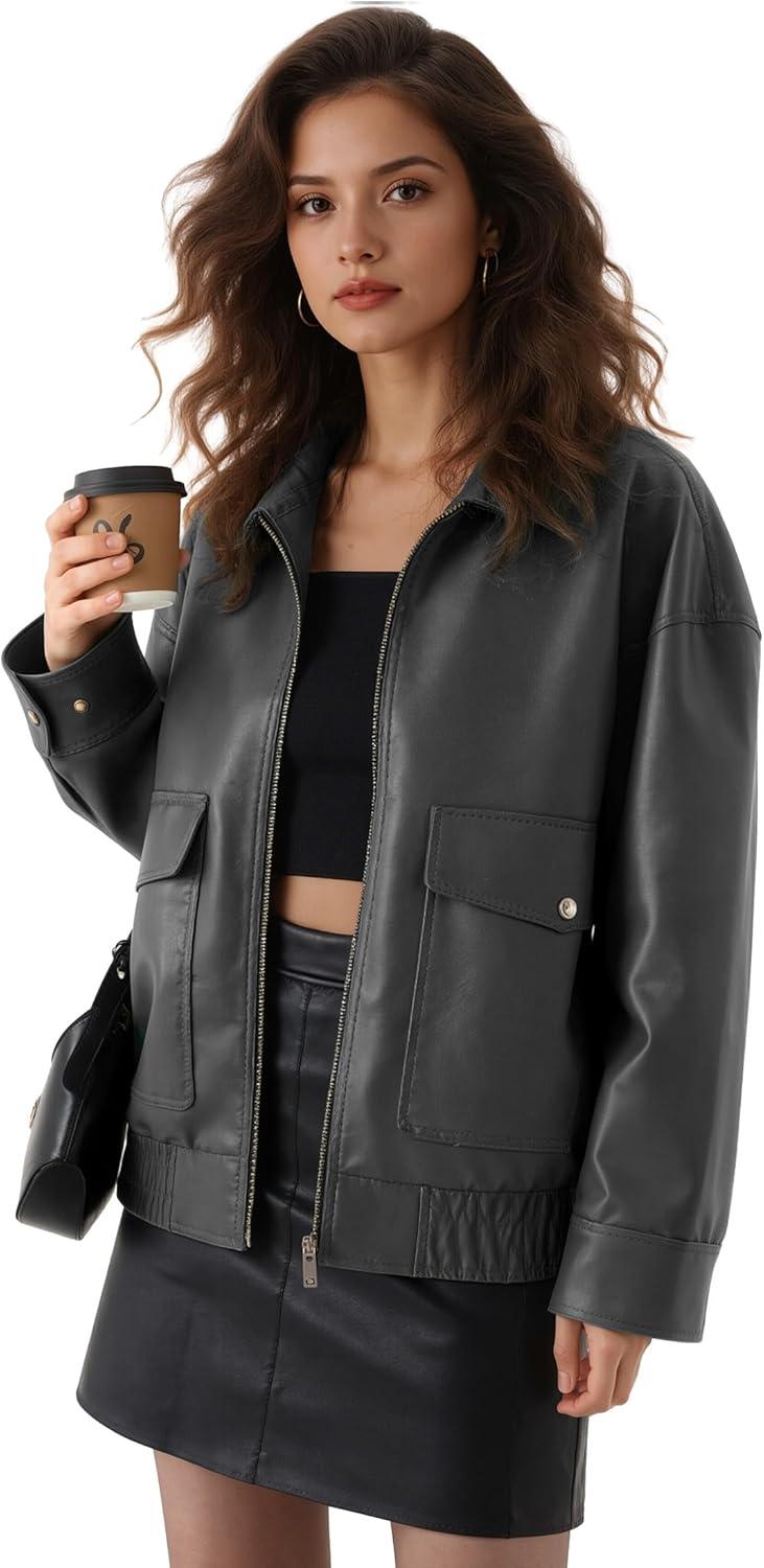 imageOversize Leather Jacket Women Faux Motorcycle Coats Bomber with Double Pockets2025 FallWinter Fashion OutwearGrey