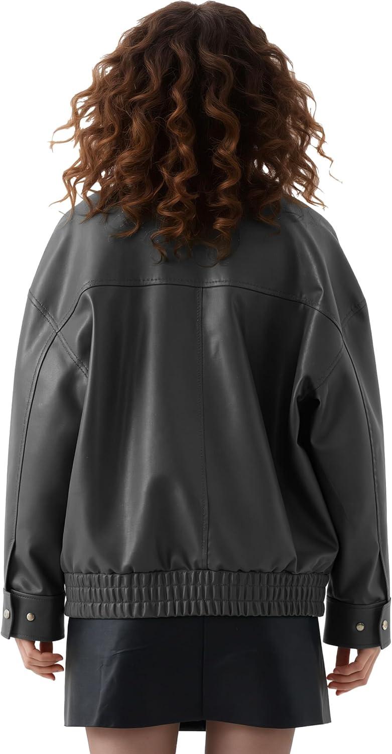 imageOversize Leather Jacket Women Faux Motorcycle Coats Bomber with Double Pockets2025 FallWinter Fashion OutwearGrey