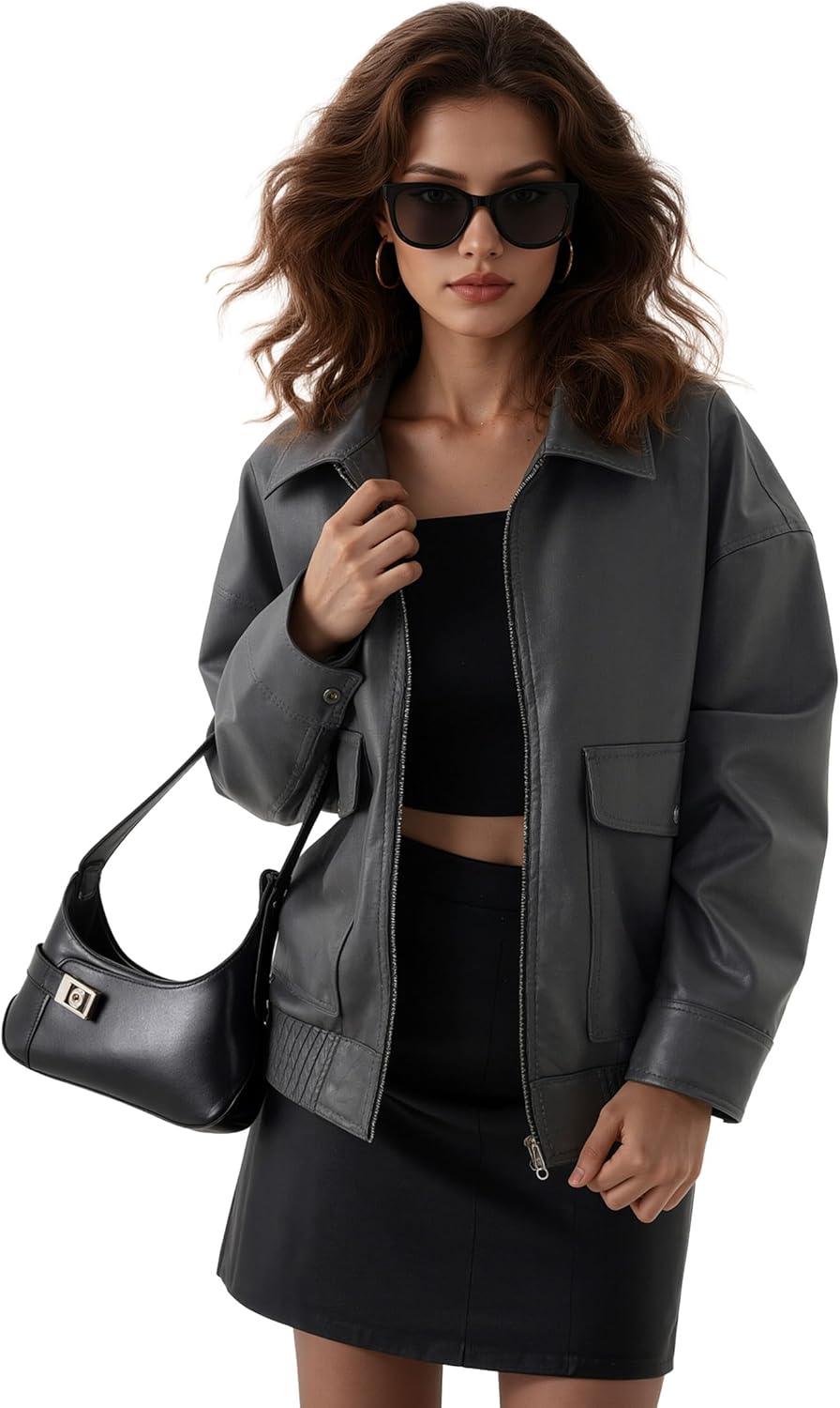 imageOversize Leather Jacket Women Faux Motorcycle Coats Bomber with Double Pockets2025 FallWinter Fashion OutwearGrey