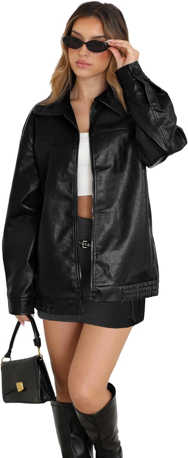 imageWIHOLL Womens Leather Jackets Faux Suede Oversized Fall Motorcycle Coats Fashion Winter Outfits Clothes Y2k TopsBlack