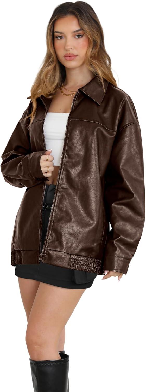 imageWIHOLL Womens Leather Jackets Faux Suede Oversized Fall Motorcycle Coats Fashion Winter Outfits Clothes Y2k TopsBrown