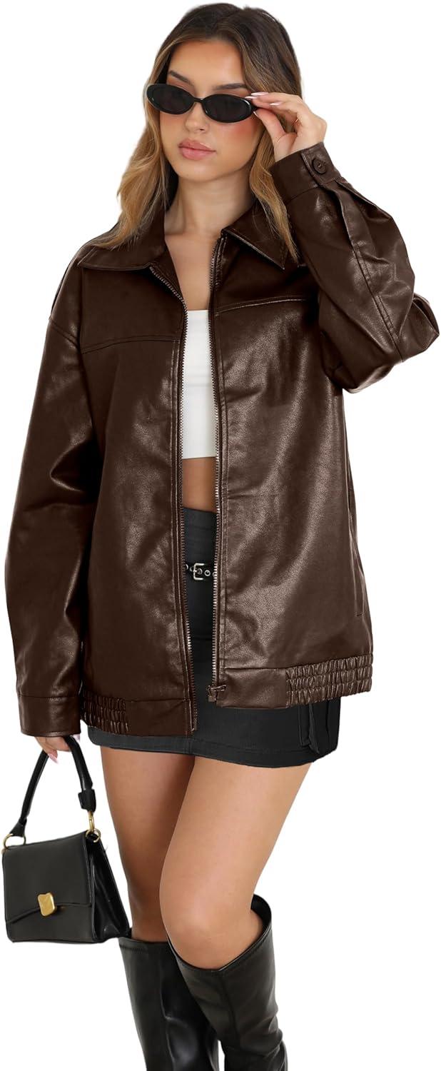 imageWIHOLL Womens Leather Jackets Faux Suede Oversized Fall Motorcycle Coats Fashion Winter Outfits Clothes Y2k TopsBrown
