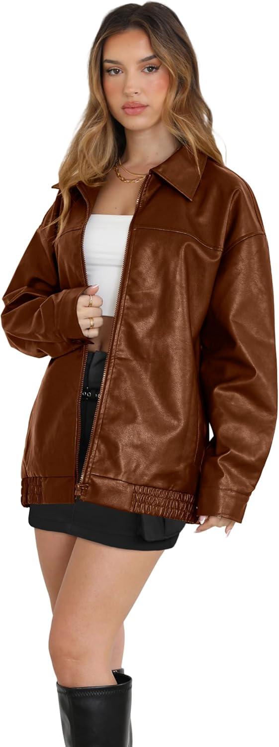 imageWIHOLL Womens Leather Jackets Faux Suede Oversized Fall Motorcycle Coats Fashion Winter Outfits Clothes Y2k TopsCaramel
