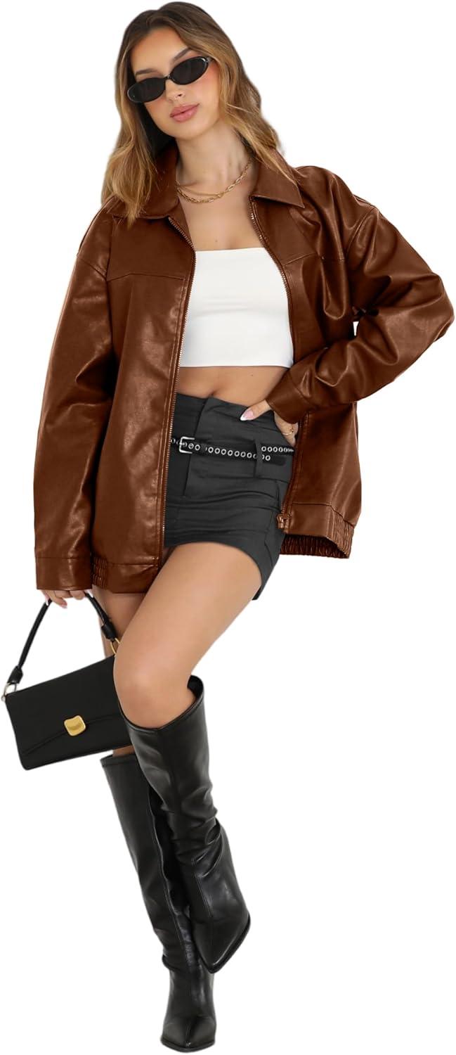 imageWIHOLL Womens Leather Jackets Faux Suede Oversized Fall Motorcycle Coats Fashion Winter Outfits Clothes Y2k TopsCaramel