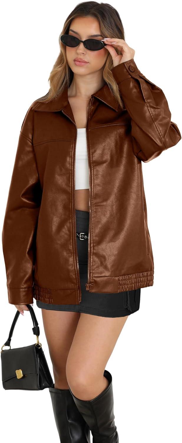 imageWIHOLL Womens Leather Jackets Faux Suede Oversized Fall Motorcycle Coats Fashion Winter Outfits Clothes Y2k TopsCaramel