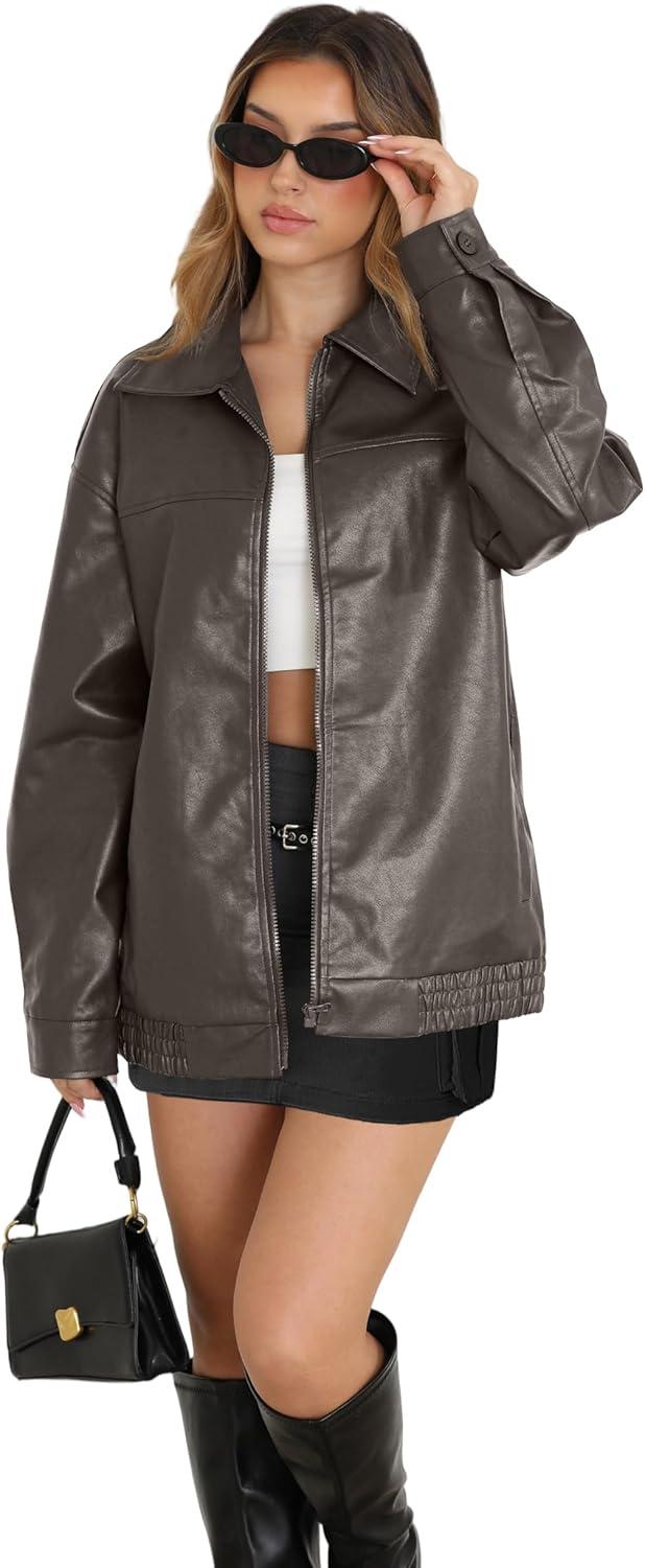 imageWIHOLL Womens Leather Jackets Faux Suede Oversized Fall Motorcycle Coats Fashion Winter Outfits Clothes Y2k TopsGrey
