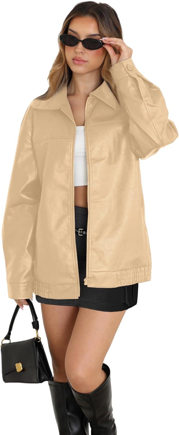imageWIHOLL Womens Leather Jackets Faux Suede Oversized Fall Motorcycle Coats Fashion Winter Outfits Clothes Y2k TopsKhaki