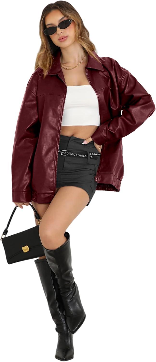 imageWIHOLL Womens Leather Jackets Faux Suede Oversized Fall Motorcycle Coats Fashion Winter Outfits Clothes Y2k TopsRed