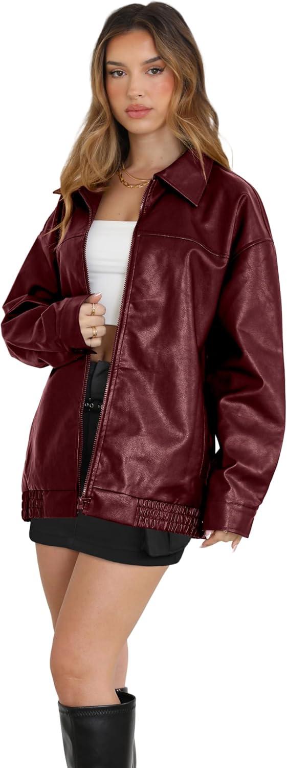 imageWIHOLL Womens Leather Jackets Faux Suede Oversized Fall Motorcycle Coats Fashion Winter Outfits Clothes Y2k TopsRed
