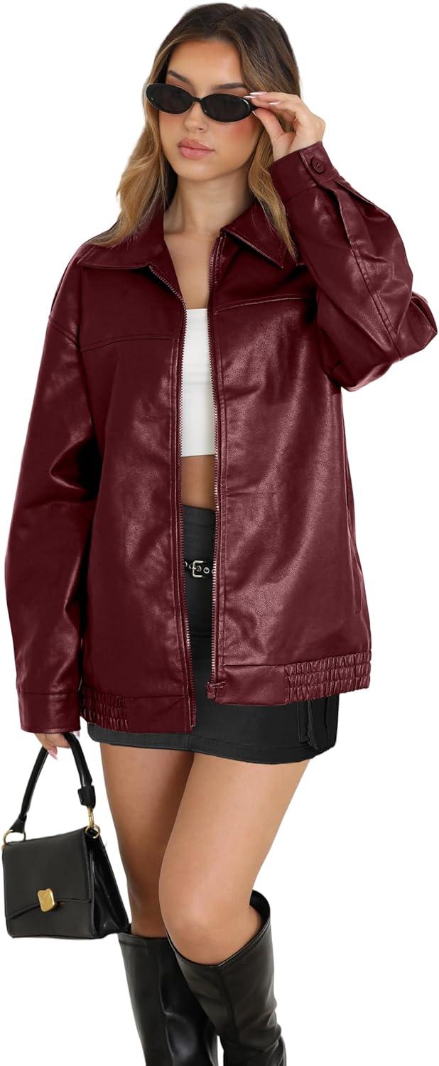 imageWIHOLL Womens Leather Jackets Faux Suede Oversized Fall Motorcycle Coats Fashion Winter Outfits Clothes Y2k TopsRed