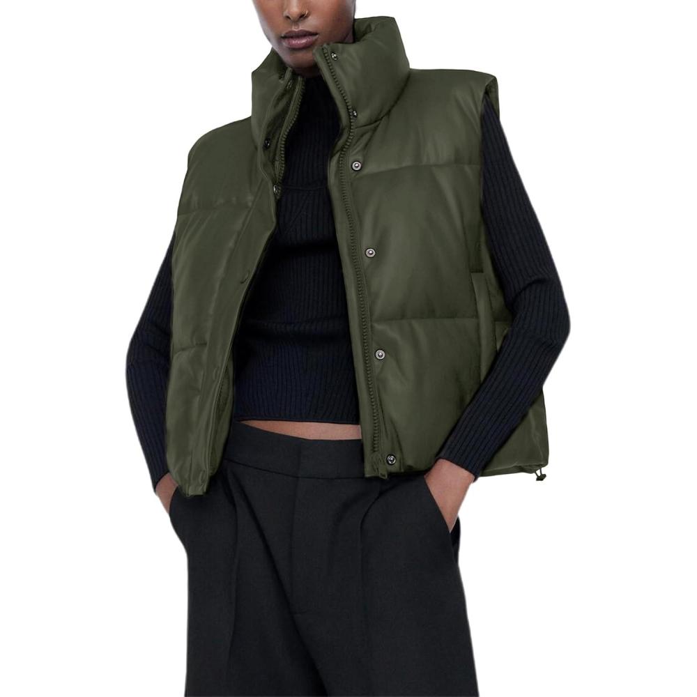 imageAiloqing Womens Faux Leather Puffer Vest Zip Up Sleeveless Winter Cropped JacketArmygreen
