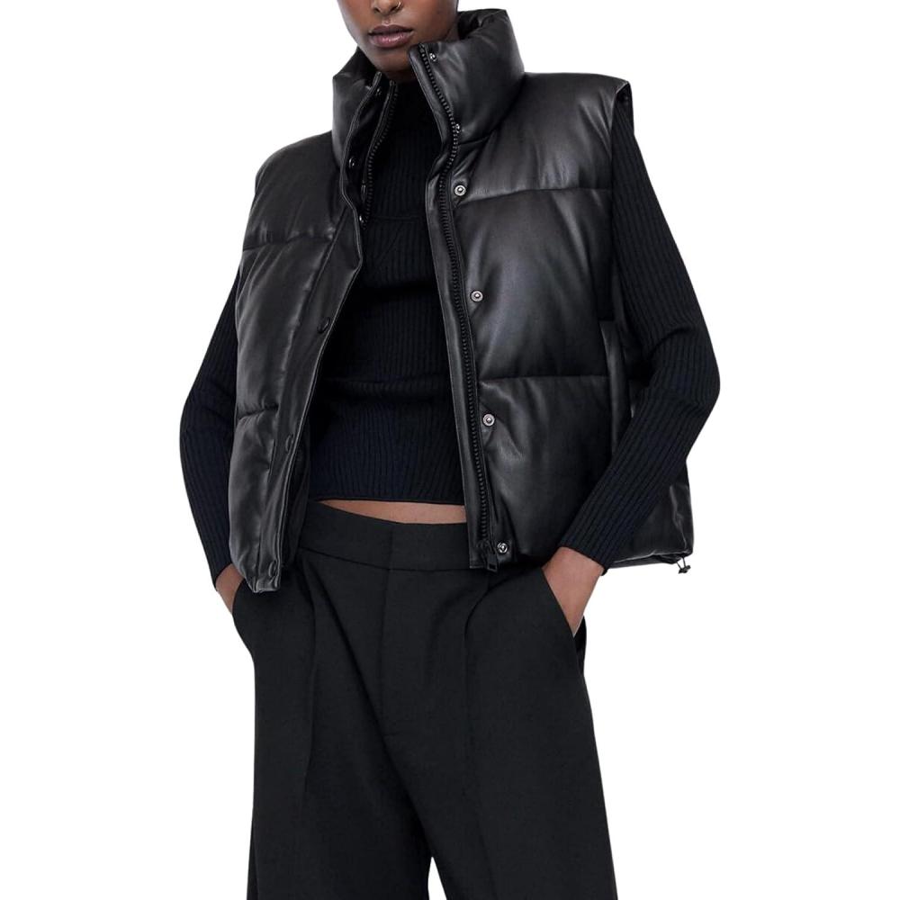 imageAiloqing Womens Faux Leather Puffer Vest Zip Up Sleeveless Winter Cropped JacketBlack