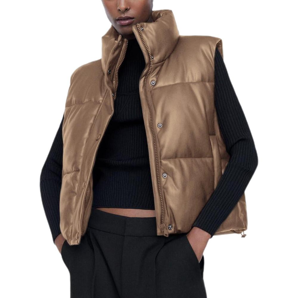 imageAiloqing Womens Faux Leather Puffer Vest Zip Up Sleeveless Winter Cropped JacketKhaki