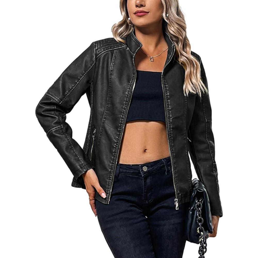 imageBellivera Faux Leather Jacket Women Motorcycle Zipper Bomber PU Bike Coat with PocketsGrey Retro