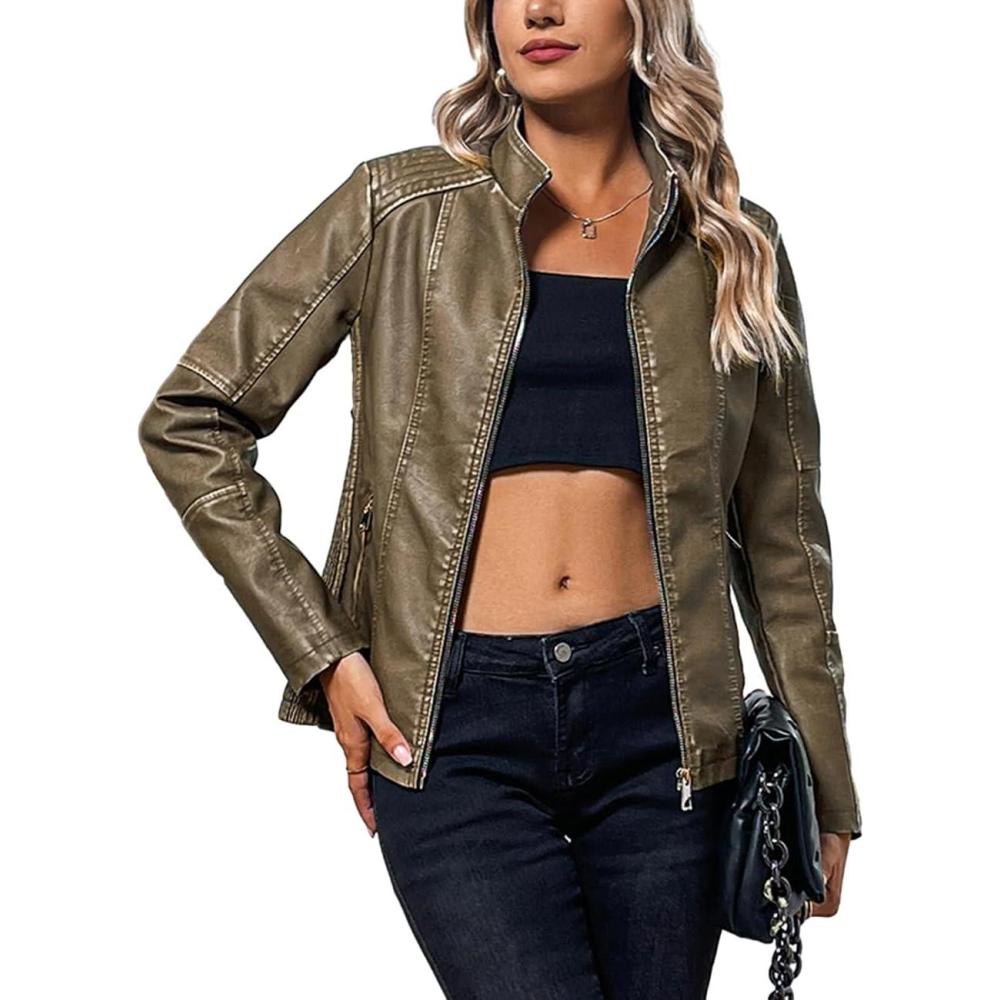 imageBellivera Faux Leather Jacket Women Motorcycle Zipper Bomber PU Bike Coat with PocketsKhaki Retro