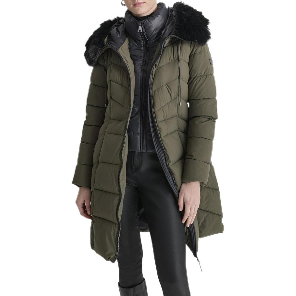 imageDKNY womens Bibfront Fauxfur Trim Hooded LongLoden
