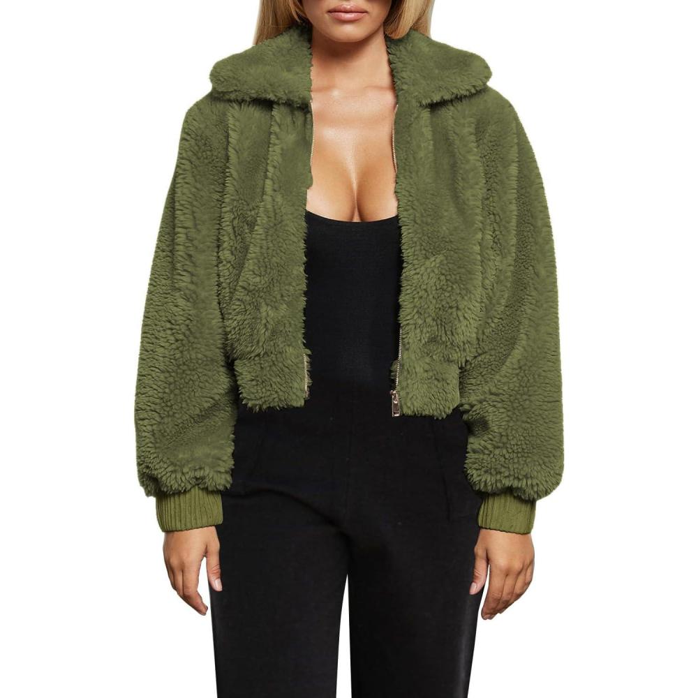 imageFANCYINN Womens Teddy Cropped Faux Fur Jacket Furry Lapel Coat Zip Up with Pockets Warm WinterArmy Green