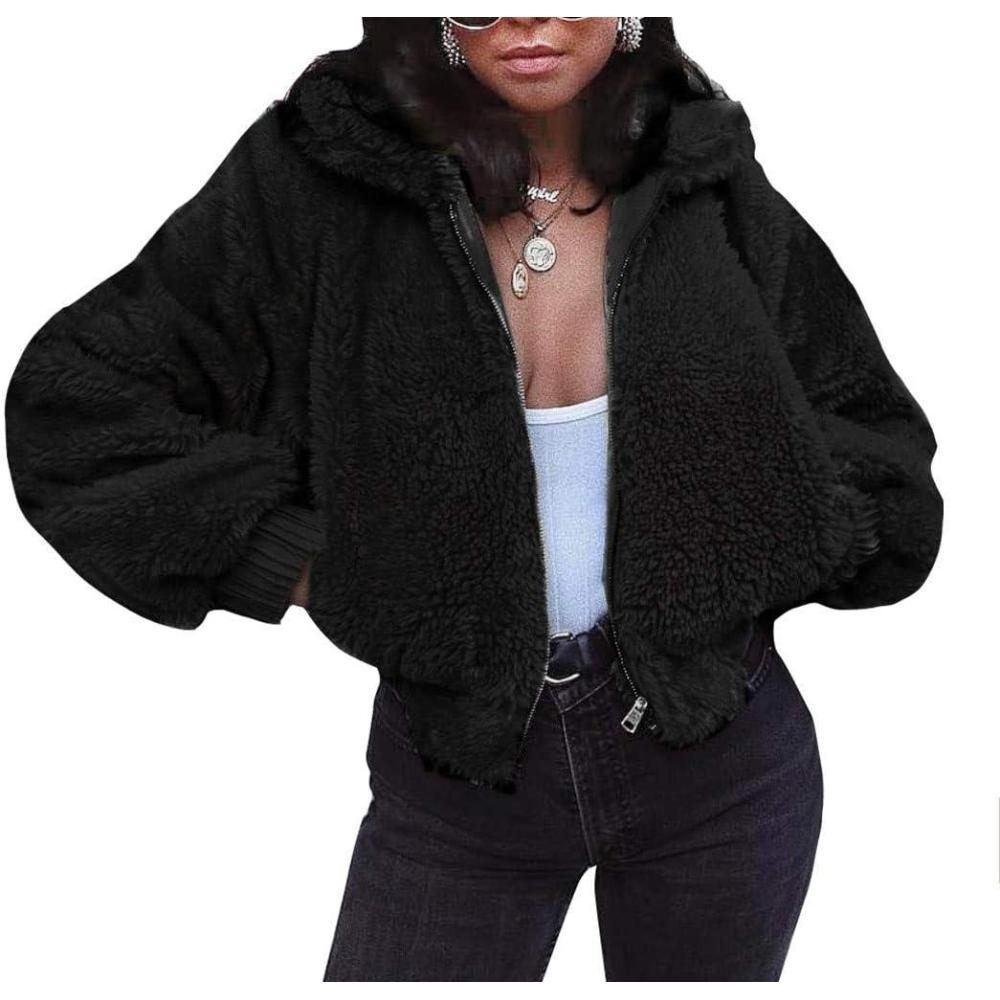 imageFANCYINN Womens Teddy Cropped Faux Fur Jacket Furry Lapel Coat Zip Up with Pockets Warm WinterBlack