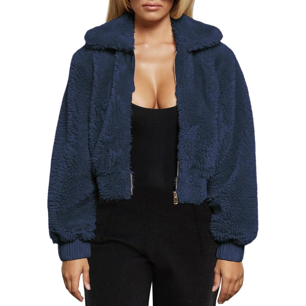 imageFANCYINN Womens Teddy Cropped Faux Fur Jacket Furry Lapel Coat Zip Up with Pockets Warm WinterDark Blue