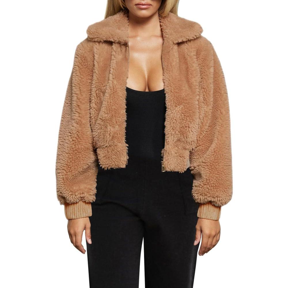 imageFANCYINN Womens Teddy Cropped Faux Fur Jacket Furry Lapel Coat Zip Up with Pockets Warm WinterKhaki
