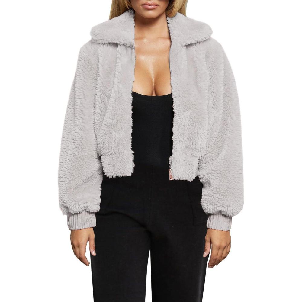imageFANCYINN Womens Teddy Cropped Faux Fur Jacket Furry Lapel Coat Zip Up with Pockets Warm WinterLight Gray