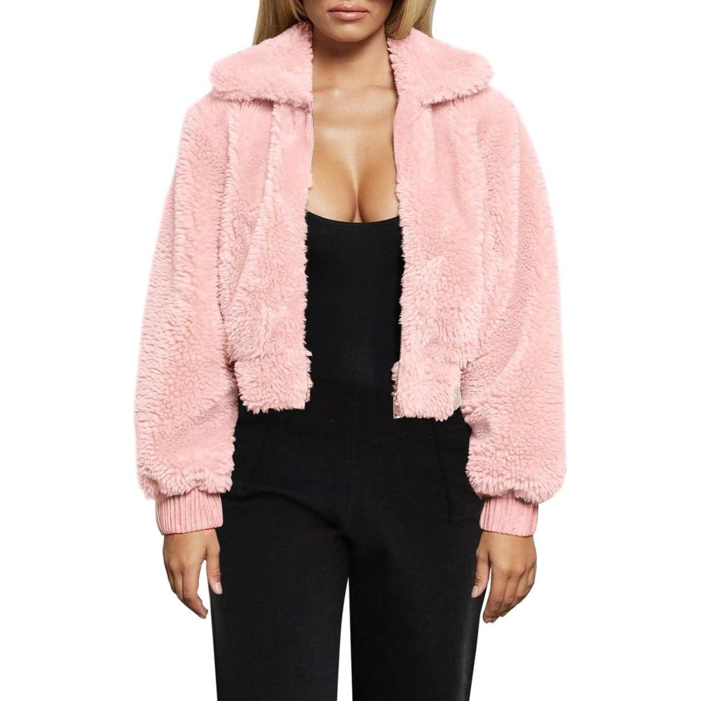 imageFANCYINN Womens Teddy Cropped Faux Fur Jacket Furry Lapel Coat Zip Up with Pockets Warm WinterPink